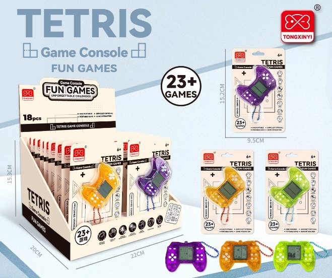 Shaped Mini Educational Tetris Handheld Game Long Round + Squishy Toy Bead Chain Pendant 2 Styles Mixed (2xAG13 Batteries, Battery Included