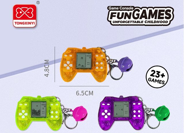 Shaped Mini Educational Tetris Handheld Game Long Round + Squishy Toy Keychain Bell Pendant 2 Styles Mixed (2xAG13 Batteries, Battery Included