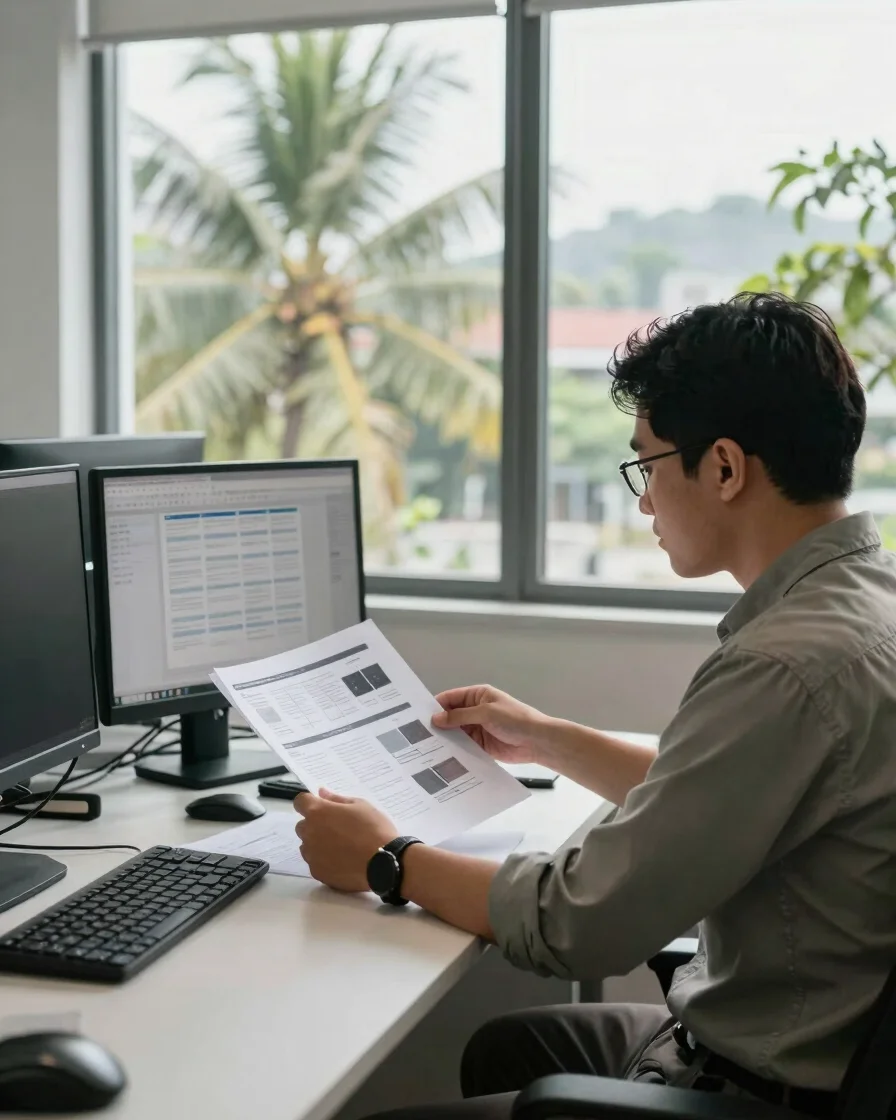 Commercial documentary photograph of a calm contemporary office in Jakarta, a team member reviewing product documents at