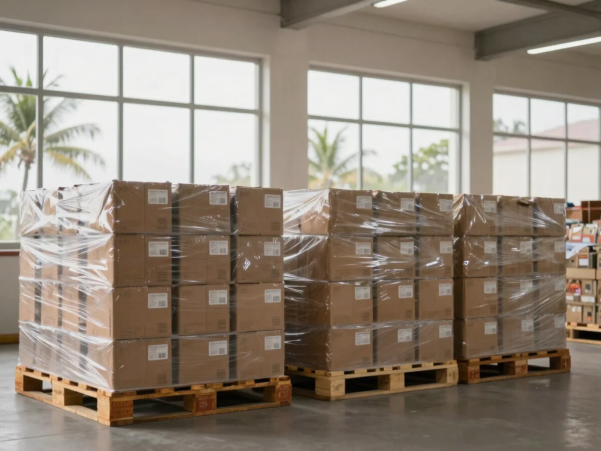 Commercial product photography of neatly palletized bulk cartons in a clean warehouse, soft tropical daylight through hi
