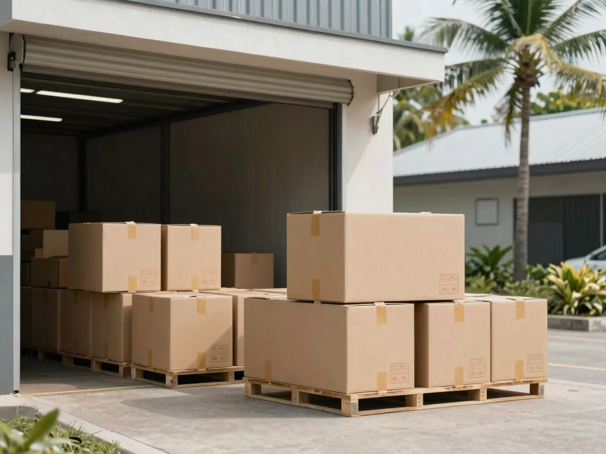 Commercial photography of a loading bay with cartons staged for dispatch, contemporary Indonesian industrial setting, tr