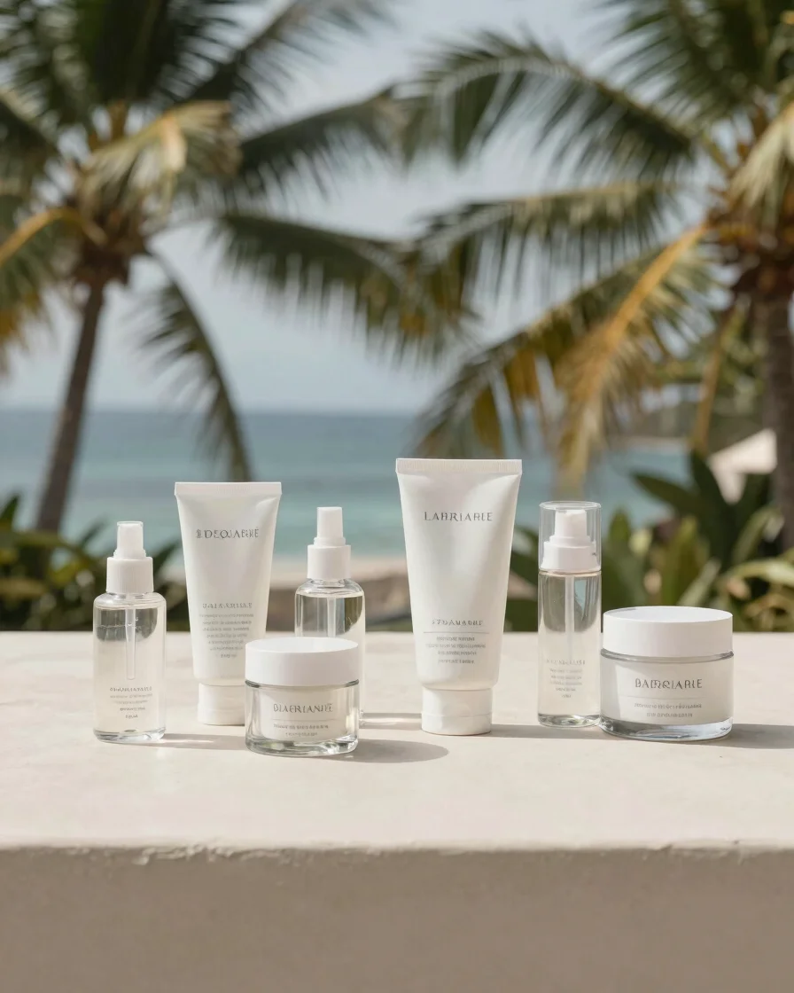 Wide commercial product photography, soft tropical daylight, neut