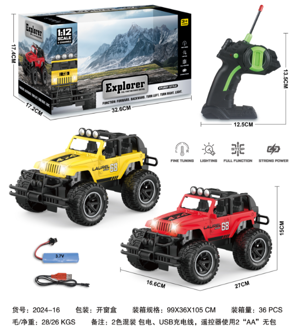 1:12 Off-Road RC Car (Jeep Wrangler) with Lights, USB